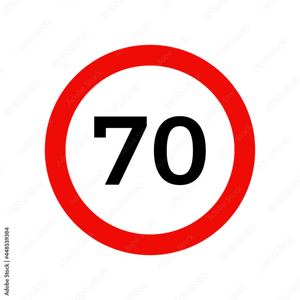 Speed limit 70 kmh sign of road traffic maximum speed vector icon. Speed limit 70 kmh sign of road traffic maximum speed vector icon.