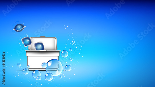 Cubes Of Washing Powder In Box Copy Space Vector. Gel Cubes For Washing Dry Fabric Clothes In Blank Package And Bubbles. . Bleach Detergent Laundry Machine Accessory Template Realistic 3d Illustration