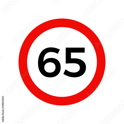 Speed limit 65 kmh sign of road traffic maximum speed vector icon.