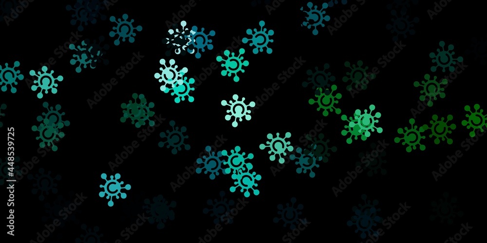 Dark blue, green vector background with covid-19 symbols.