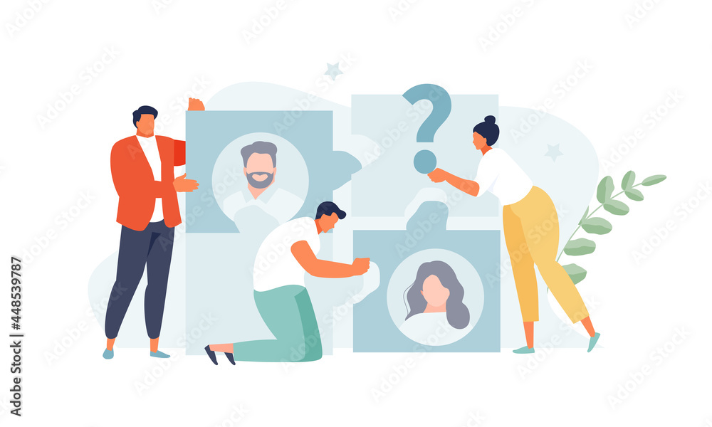 Creating a business team and searching for candidates. Recruitment agency, hr concept vector web illustration Creating a business team and searching for candidates. Recruitment agency, hr concept vector web illustration
