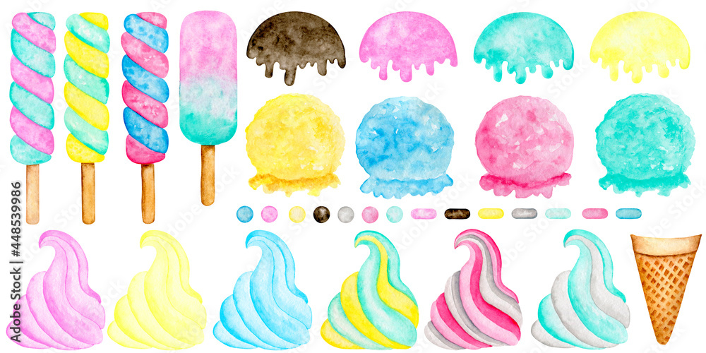 Watercolor ice cream clipart set. Popslice, waffle cone, Scoop, soft ice cream, sprinkling isolated elements on white background Watercolor ice cream clipart set. Popslice, waffle cone, Scoop, soft ice cream, sprinkling isolated elements on white background