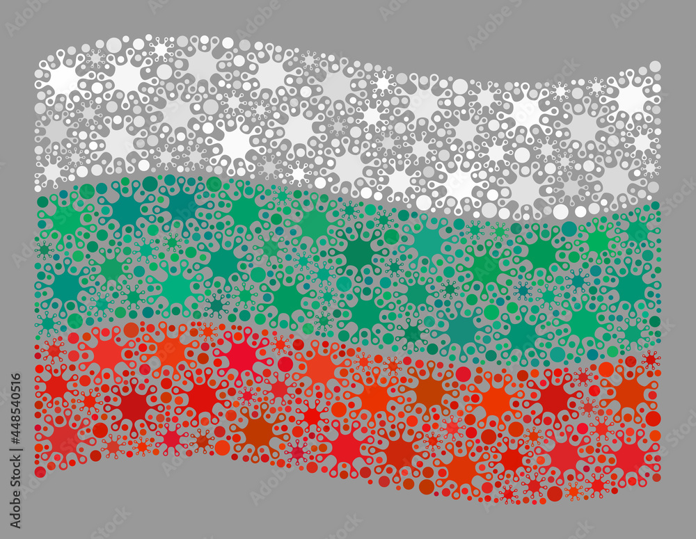 Waving mosaic Bulgaria flag constructed with cell icons. Bulgaria flag collage is created of scattered pathogen icons. Waving mosaic Bulgaria flag constructed with cell icons. Bulgaria flag collage is created of scattered pathogen icons.
