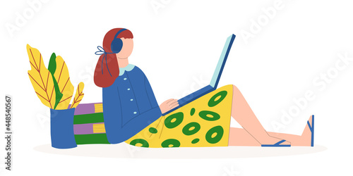 A woman sits at home at her laptop. Learning and working online from home. Playing a computer video game. Communication over the Internet. Vector flat illustration
