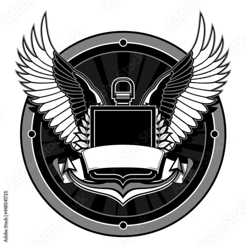 round black and white coat of arms with shield, anchor, twigs with leaves, wings and ribbon