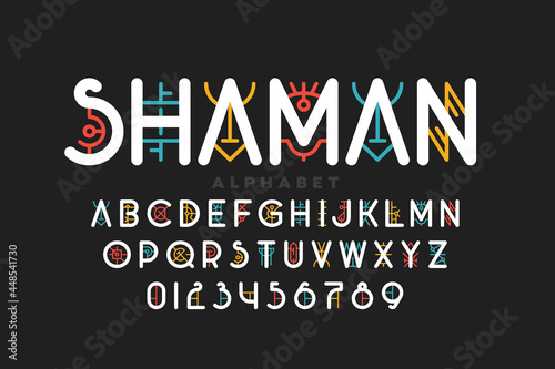 Tribal shamanic style fonta design, alphabet letters and numbers vector illustration photo