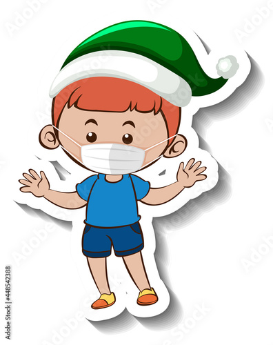 A sticker template with a boy wearing mask in Christmas theme
