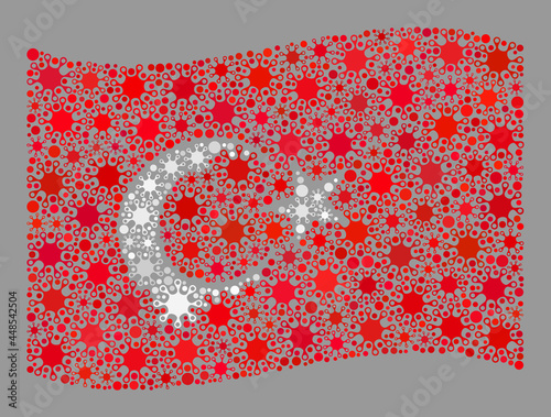 Waving mosaic Turkey flag designed with covid elements. Turkey flag collage is made with scattered coronavirus particles. Vector covid mosaic waving Turkey flag organized for health care purposes. photo