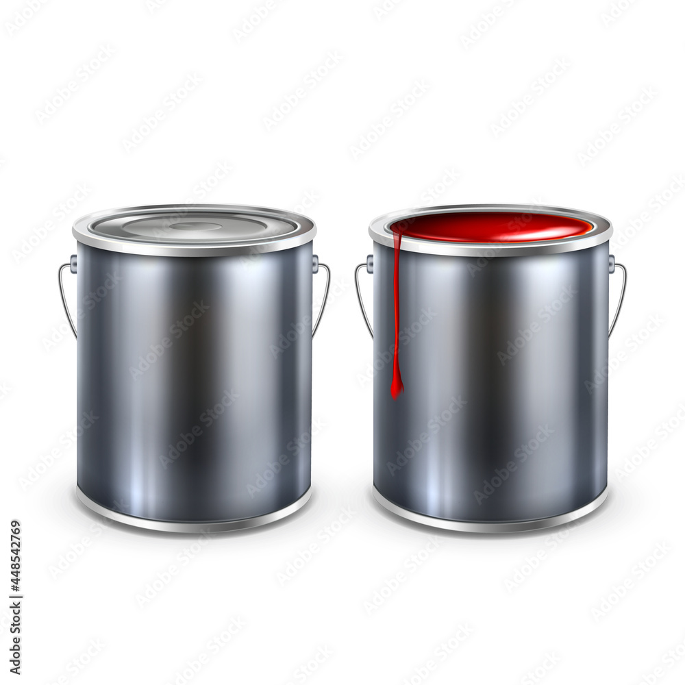 Paint Blank Opened And Closed Buckets Cap Vector. Metallic Container With Color Paint. Painter Chemical Liquid For Painting Surface. Diy Renovation Template Realistic 3d Illustration Paint Blank Opened And Closed Buckets Cap Vector. Metallic Container With Color Paint. Painter Chemical Liquid For Painting Surface. Diy Renovation Template Realistic 3d Illustration
