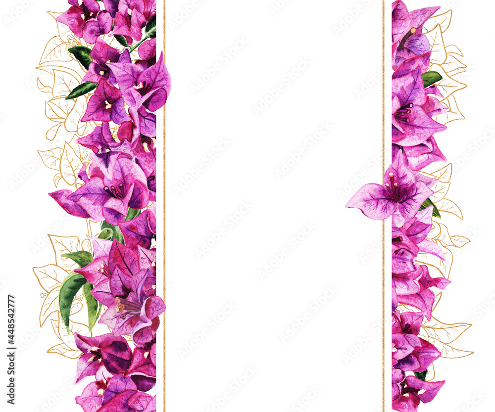 Frame with watercolor and golden bougainvillea flowers - obrazy, fototapety, plakaty 