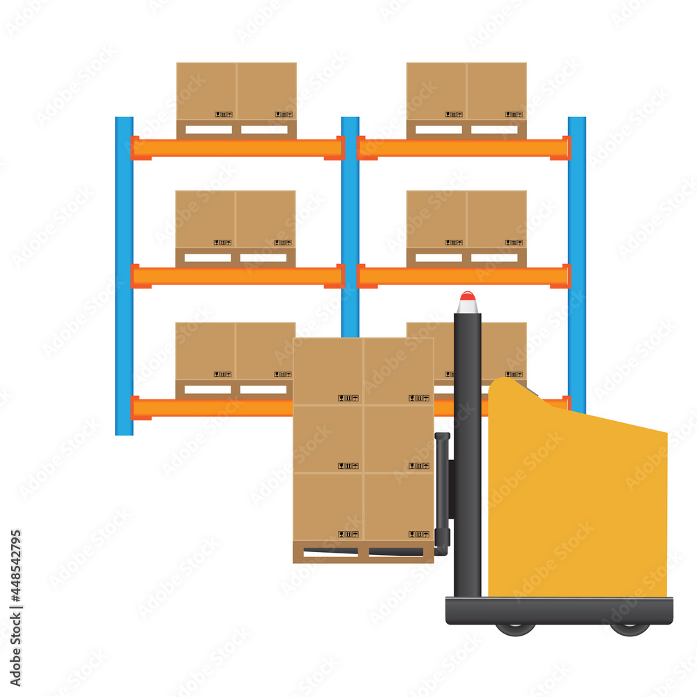 AGV Automated Guided Vehicles forklift trucks transport pallet of goods in modern warehouse. Vector and illustration design. AGV Automated Guided Vehicles forklift trucks transport pallet of goods in modern warehouse. Vector and illustration design.