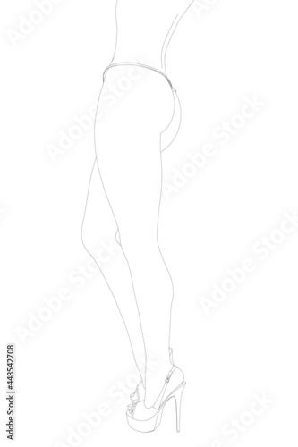 The contour of a sexy girl in a bikini and high heels stands isolated on a white background. Side view. Vector illustration