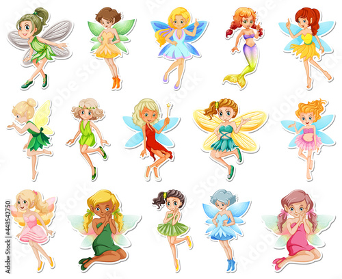 Set of stickers with beautiful fairies and mermaid cartoon character