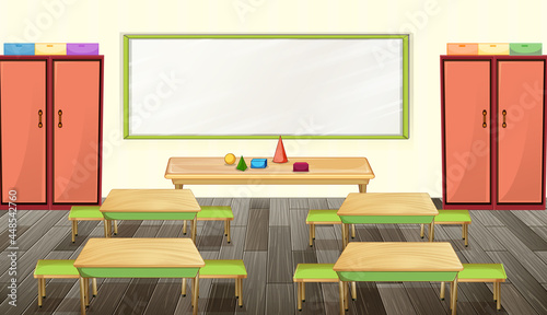 Classroom interior design with furniture and decoration