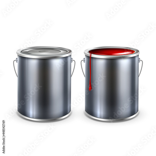 Paint Blank Opened And Closed Buckets Cap Vector. Metallic Container With Color Paint. Painter Chemical Liquid For Painting Surface. Diy Renovation Template Realistic 3d Illustration
