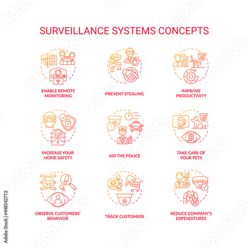 Surveillance systems red concept icons set. Crime protection. Environment safety. Security cameras for human behavior control abstract idea thin line illustration. Vector isolated outline drawings © bsd studio