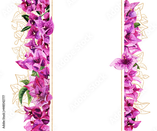 Fotografia Frame with watercolor and golden bougainvillea flowers