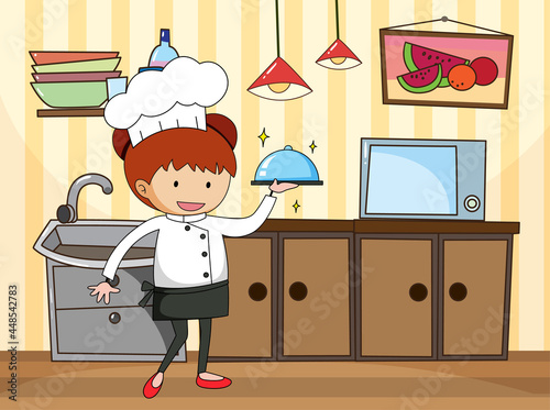 Little chef in the kitchen scene with equipments