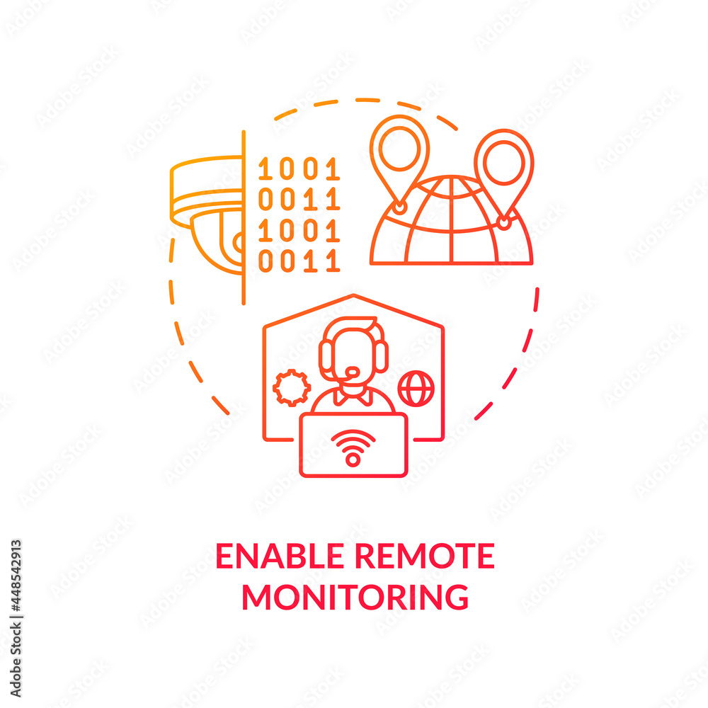 Fototapeta premium Enable remote observation red concept icon. Global computing cyber technologies. Security camera network. Ubiquitous safety abstract idea thin line illustration. Vector isolated outline color drawing