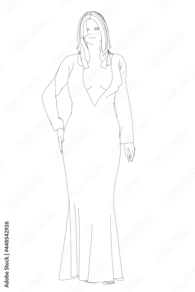 Contour of a sexy girl in a long dress and hair isolated on a white background. Vector illustration Contour of a sexy girl in a long dress and hair isolated on a white background. Vector illustration