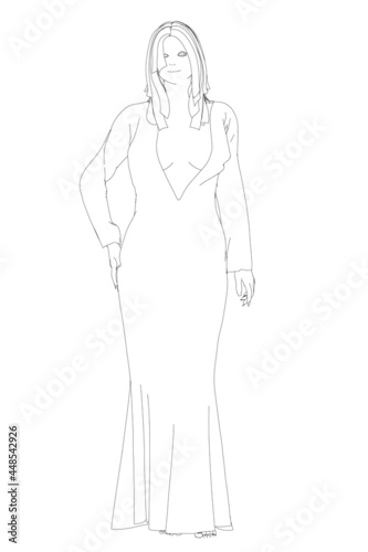 Contour of a sexy girl in a long dress and hair isolated on a white background. Vector illustration