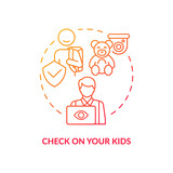 Check on your kids red concept icon. Busy parents. Wireless interaction. Camera security systems. Remote monitoring abstract idea thin line illustration. Vector isolated outline color drawing
