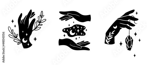 With hands and Mystical boho moon isolated cliparts bundle, celestial floral collection, moon and flowers set, magic line crescent witchy moon, esoteric objects - black and white vector illustration