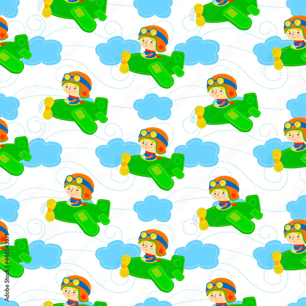 Obraz premium Boyr on an airplane. Cute pilot seamless pattern. Design for kids.