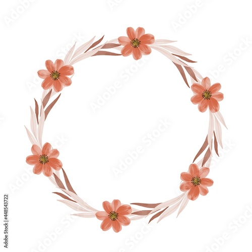 circle frame with brown leaves and oramge flower border for greeting and wedding card