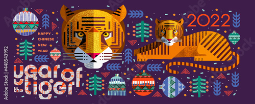 2022. Year of the tiger. Vector abstract illustration for the new year for poster, background or card. Geometric drawings for the year of the bull according to the Eastern Chinese calendar	
