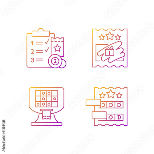 Lottery conduction gradient linear vector icons set. Lotto session program. Scratchcard. Electronic gambling machine. Thin line contour symbols bundle. Isolated vector outline illustrations collection