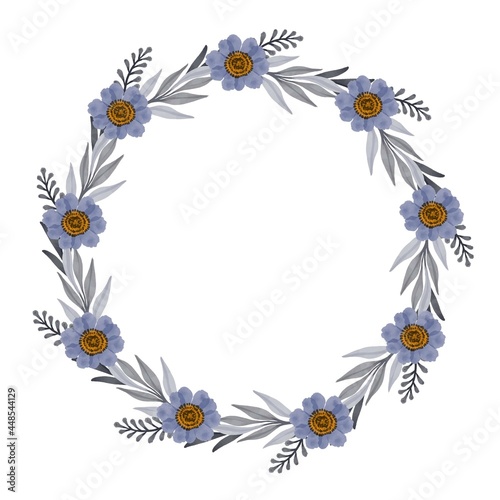 circle frame with purple flower and grey leaves border 