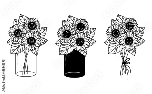 Sunflowers and mason jar isolated clipart, Black and white floral decorative elements, line wildflower and leaves, botanical design items, bouquete with sunflowers - vector illustration