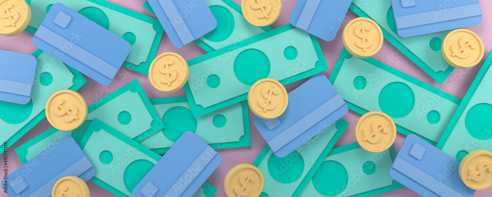 Money background. Banknotes, coins and cards. 3D illustration. Money background. Banknotes, coins and cards. 3D illustration.