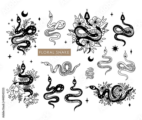 Floral boho snake isolated cliparts bundle, celestial reptile with sun and moon symbol, mystical space magic serpent and flowers silhouette, esoteric objects - black and white vector illustration