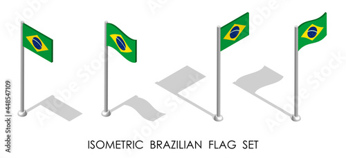 isometric flag of Republic of Brazil in static position and in motion on flagpole. 3d vector