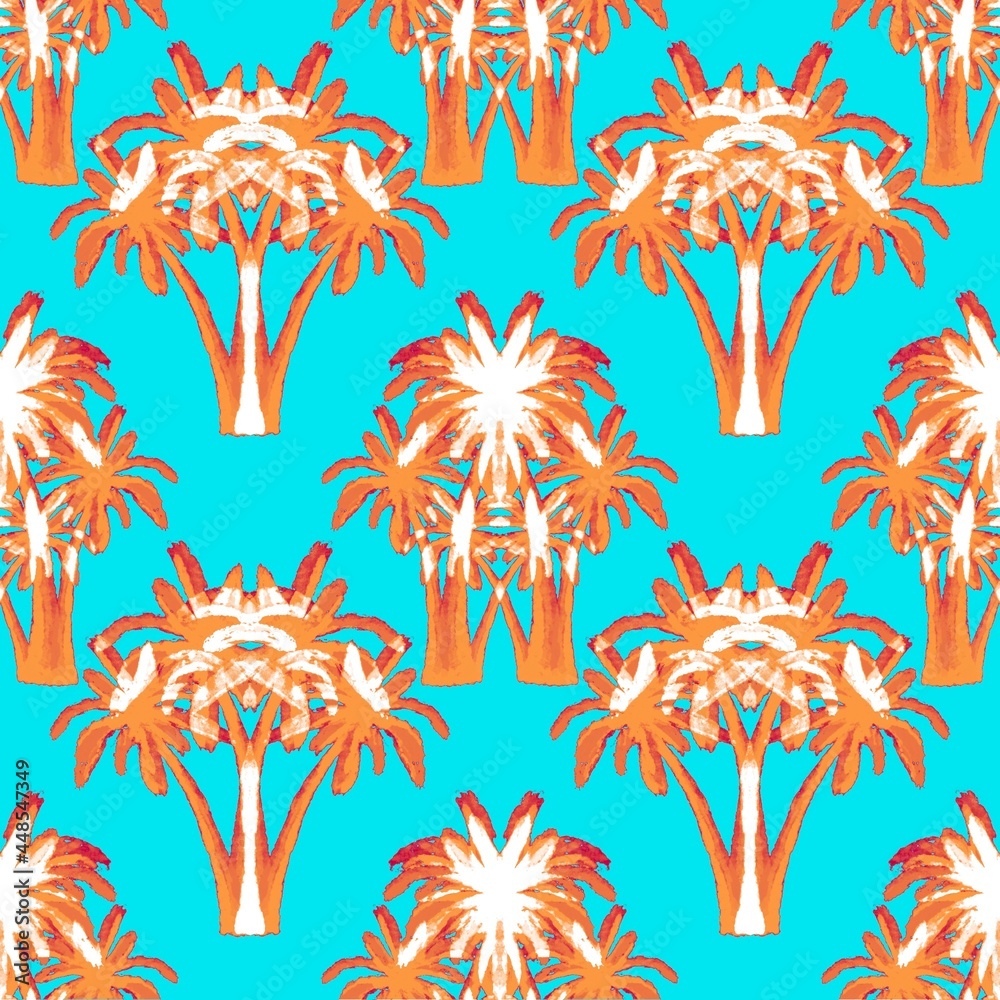 Orange palm trees on a blue background. Seamless pattern. Tropical, exotic plants. Bright, cheerful pattern.