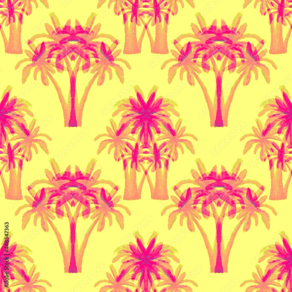 Red palm trees on a yellow. Seamless pattern. Tropical, exotic plants. Bright, cheerful pattern.