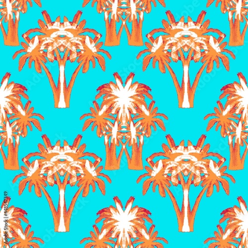 Orange palm trees on a blue background. Seamless pattern. Tropical, exotic plants. Bright, cheerful pattern. © Mooni Pooni 