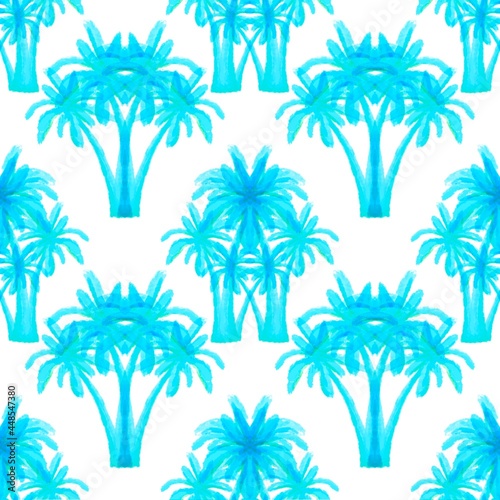 Blue jungle on a white background. Blue palm trees. Seamless pattern. Tropical, exotic plants. Bright, cheerful pattern. © Mooni Pooni 