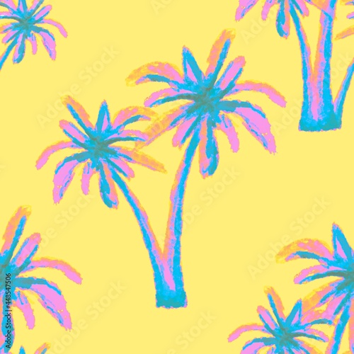 Blue  pink palm trees. Seamless pattern. Tropical  exotic plants. Bright  cheerful pattern.