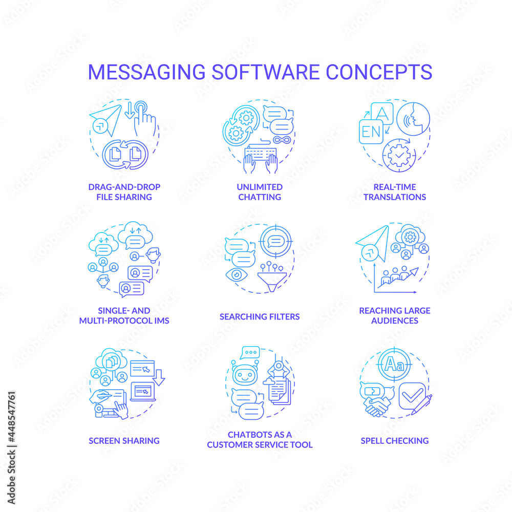 Messaging software blue gradient concept icons set. Unlimited chatting. Spell checking. Online communication service idea thin line color illustrations. Vector isolated outline drawings Messaging software blue gradient concept icons set. Unlimited chatting. Spell checking. Online communication service idea thin line color illustrations. Vector isolated outline drawings