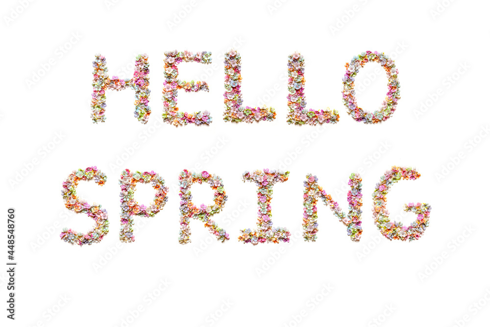 Hello spring text made of flowers. Inscription for greeting card, invitation template. Hello spring text made of flowers. Inscription for greeting card, invitation template.