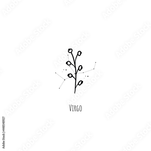 Hand drawing Virgo constellation symbol with floral branch and stars. Modern minimalist mystical astrology aesthetic illustration with zodiac signs