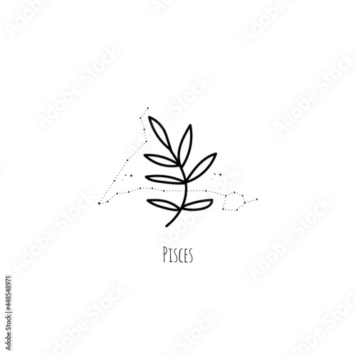 Hand drawing Pisces constellation symbol with floral branch and stars. Modern minimalist mystical astrology aesthetic illustration with zodiac signs