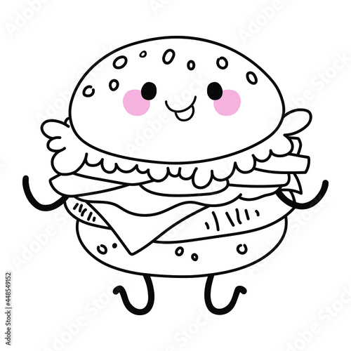 Hamburger with face, arms and legs. Cute kawaii cartoon fast food. Doodle character on white background. Vector line illustration for kids design, colorings.