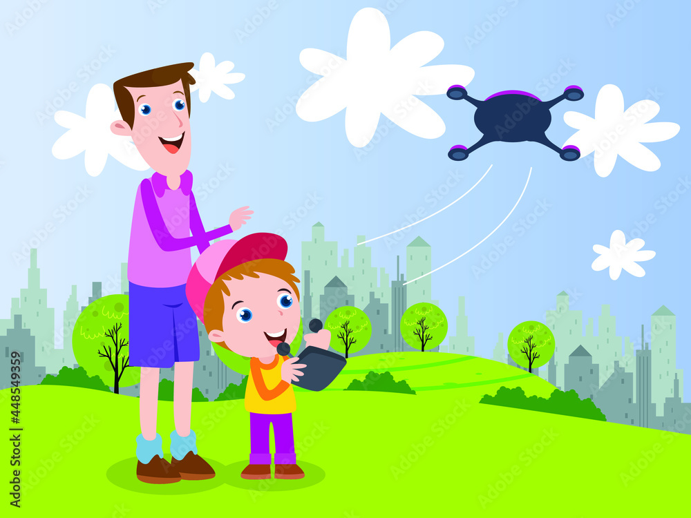 Father teaching son how to fly a drone 2d cartoon vector concept for banner, website, illustration, landing page, flyer, etc.