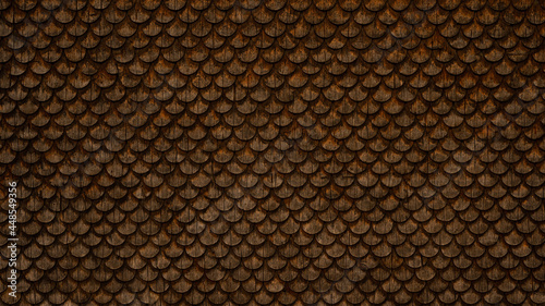 Traditional ecological  consistent cladding of a wall with brown wooden larch fish scales, wood shingles, clapboard, clapboard texture background 3D scindula in Voralberg photo