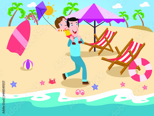 Father and son playing with kite at beach 2d cartoon vector concept for banner, website, illustration, landing page, flyer, etc.