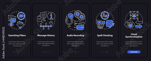 Best messaging feature dark onboarding mobile app page screen. Chat history walkthrough 5 steps graphic instructions with concepts. UI  UX  GUI vector template with linear night mode illustrations